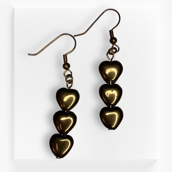 Hand Crafted Jewelry - HAND CRAFTED Earrings Hearts Bronze Glass Beads Dangle Drop Long Pierced